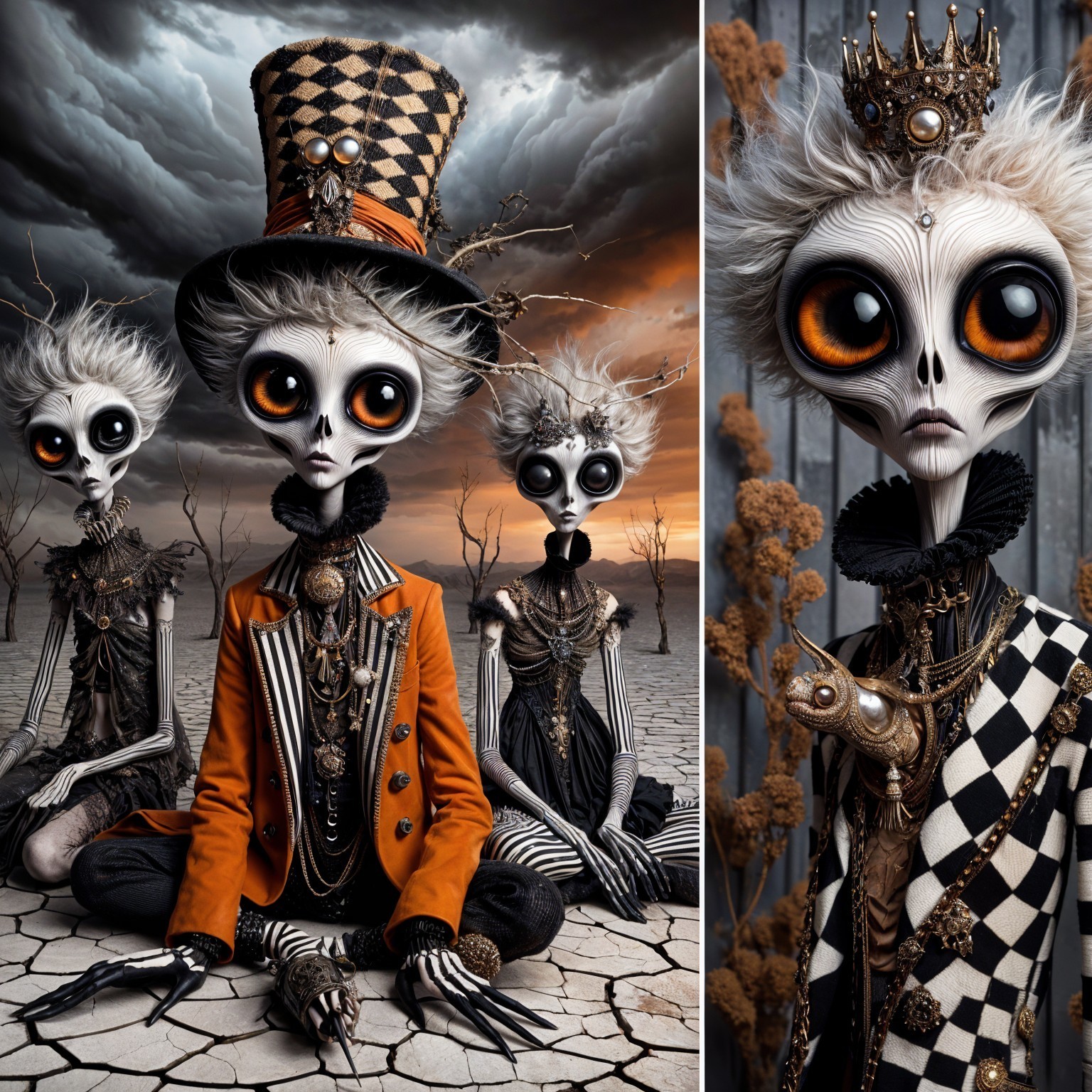 Whimsical Skeleton Figures in Surreal Landscape