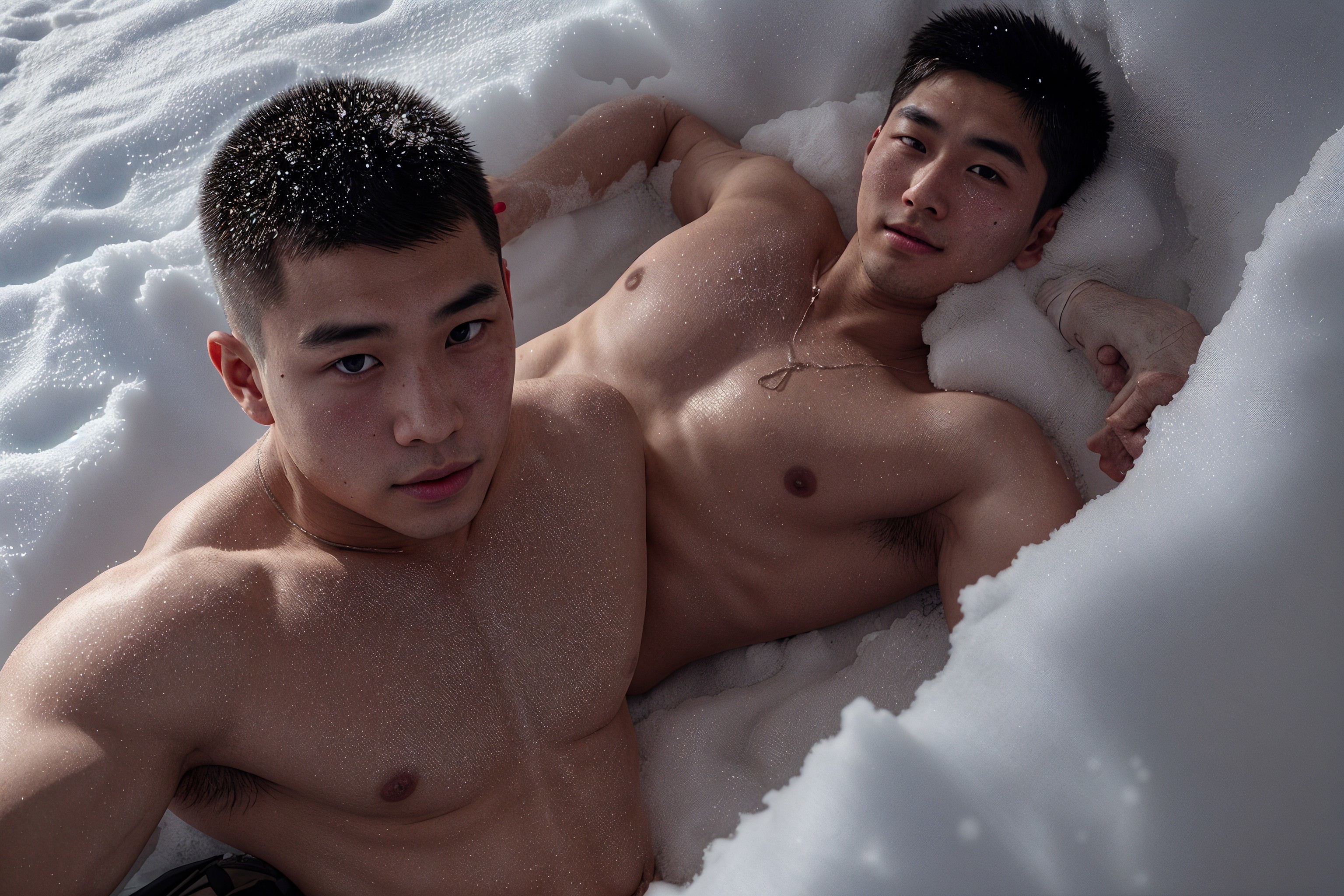 Young Men in Snowy Setting with Bare Torsos