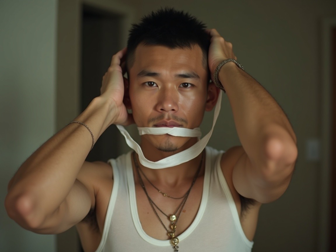 Young man in sleeveless top with dramatic expression