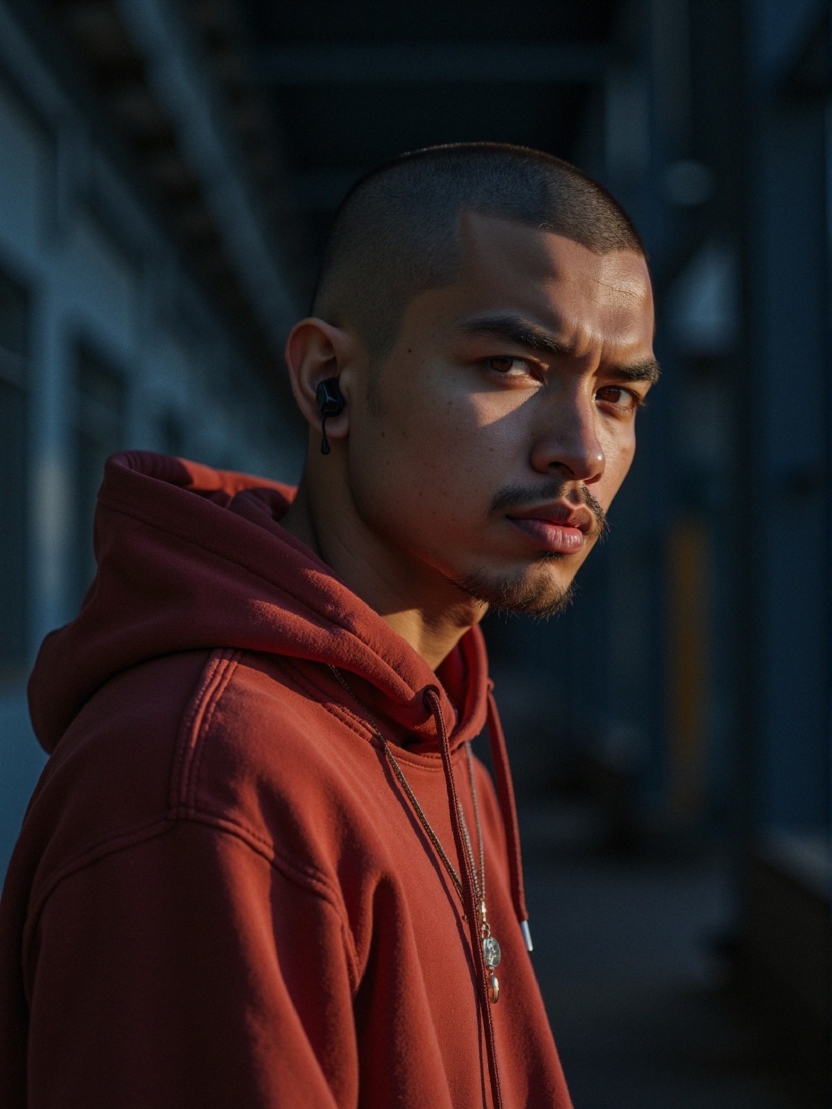 Young man in maroon hoodie with earbuds in corridor