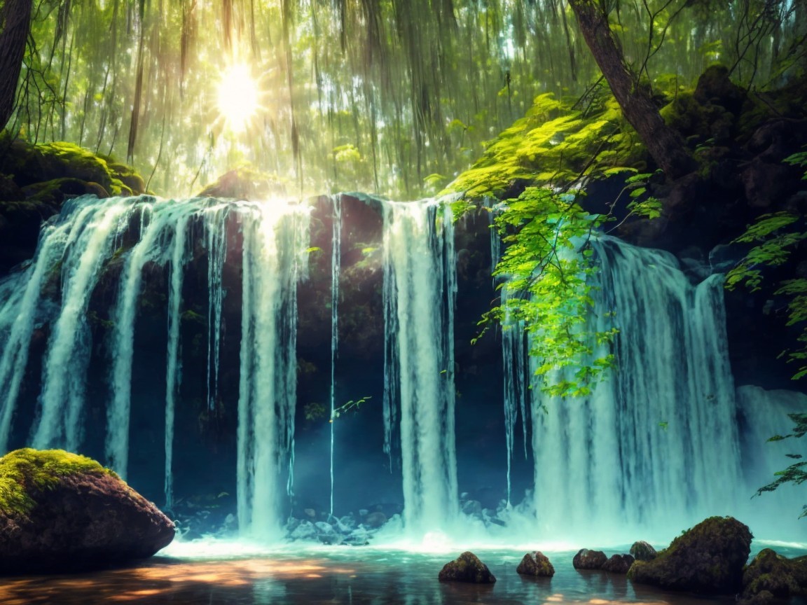 Cascading Waterfall Amid Lush Greenery and Sunlight