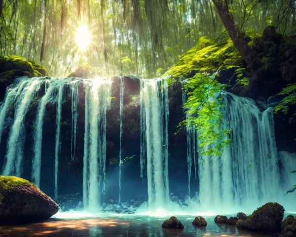 Cascading Waterfall Amid Lush Greenery and Sunlight