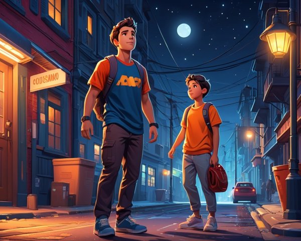 Animated Boys on Neon-Lit Urban Street at Night
