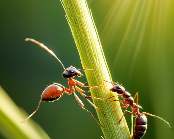 Ants Interacting on a Green Stem in Bright Sunlight