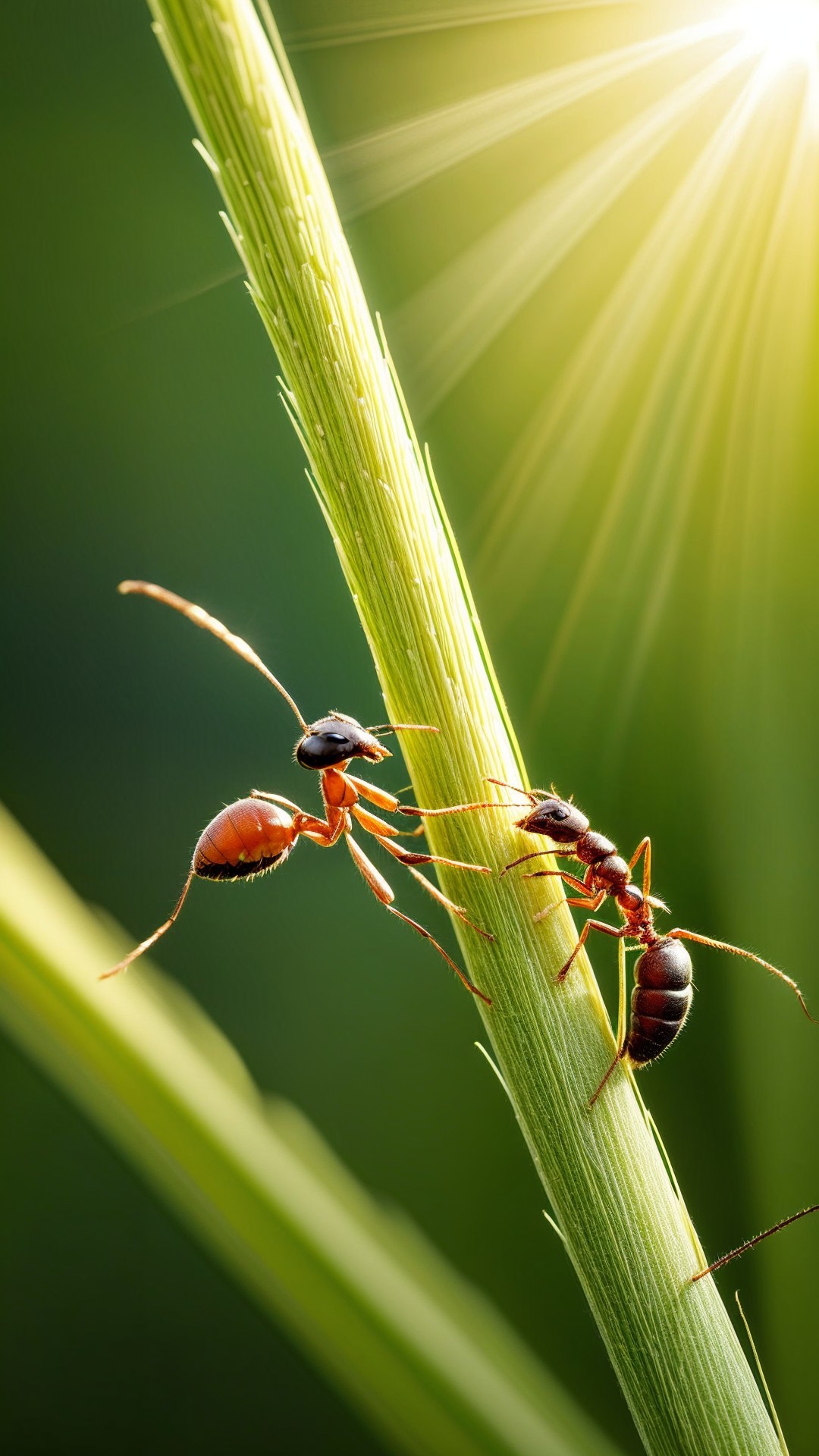 Ants Interacting on a Green Stem in Bright Sunlight