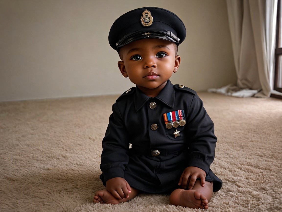 Child in Police Uniform on Beige Carpet with Medals