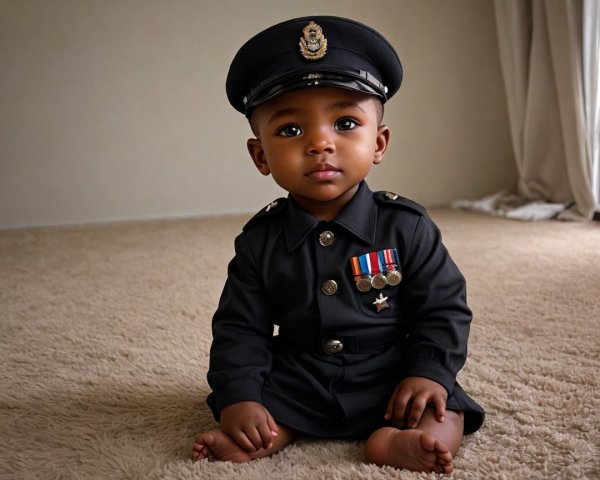 Child in Police Uniform on Beige Carpet with Medals