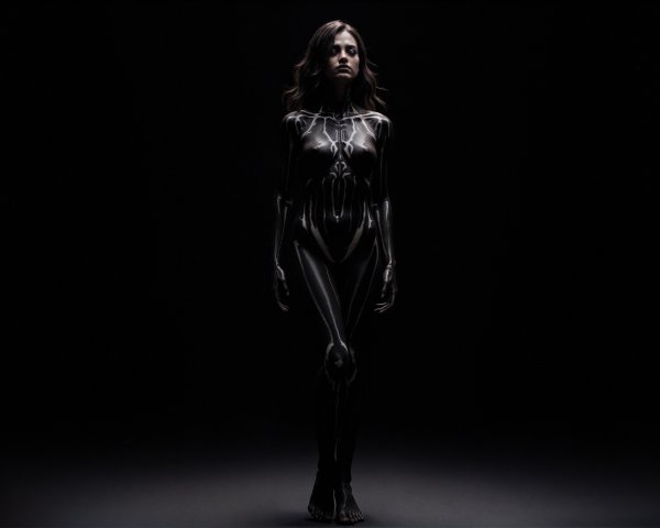 Futuristic figure in a dimly lit, dramatic setting