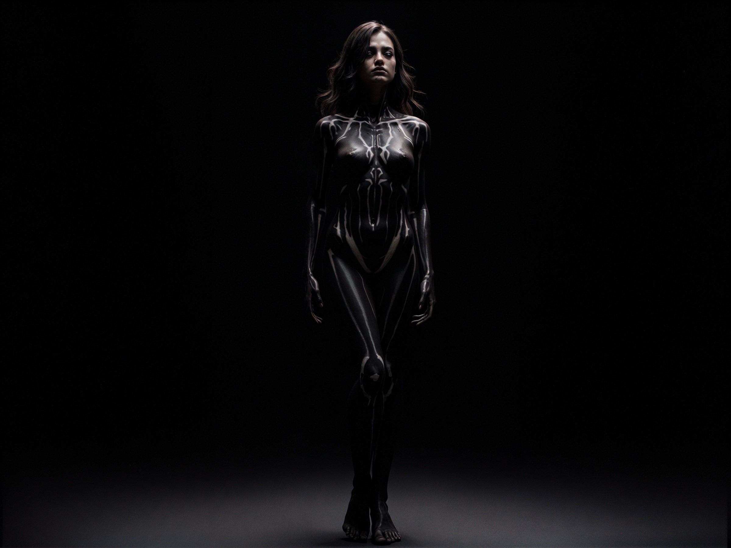 Futuristic figure in a dimly lit, dramatic setting