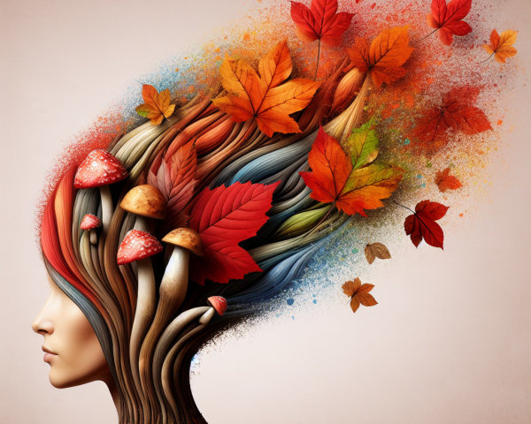 Surreal Profile with Hair of Autumn Leaves and Mushrooms