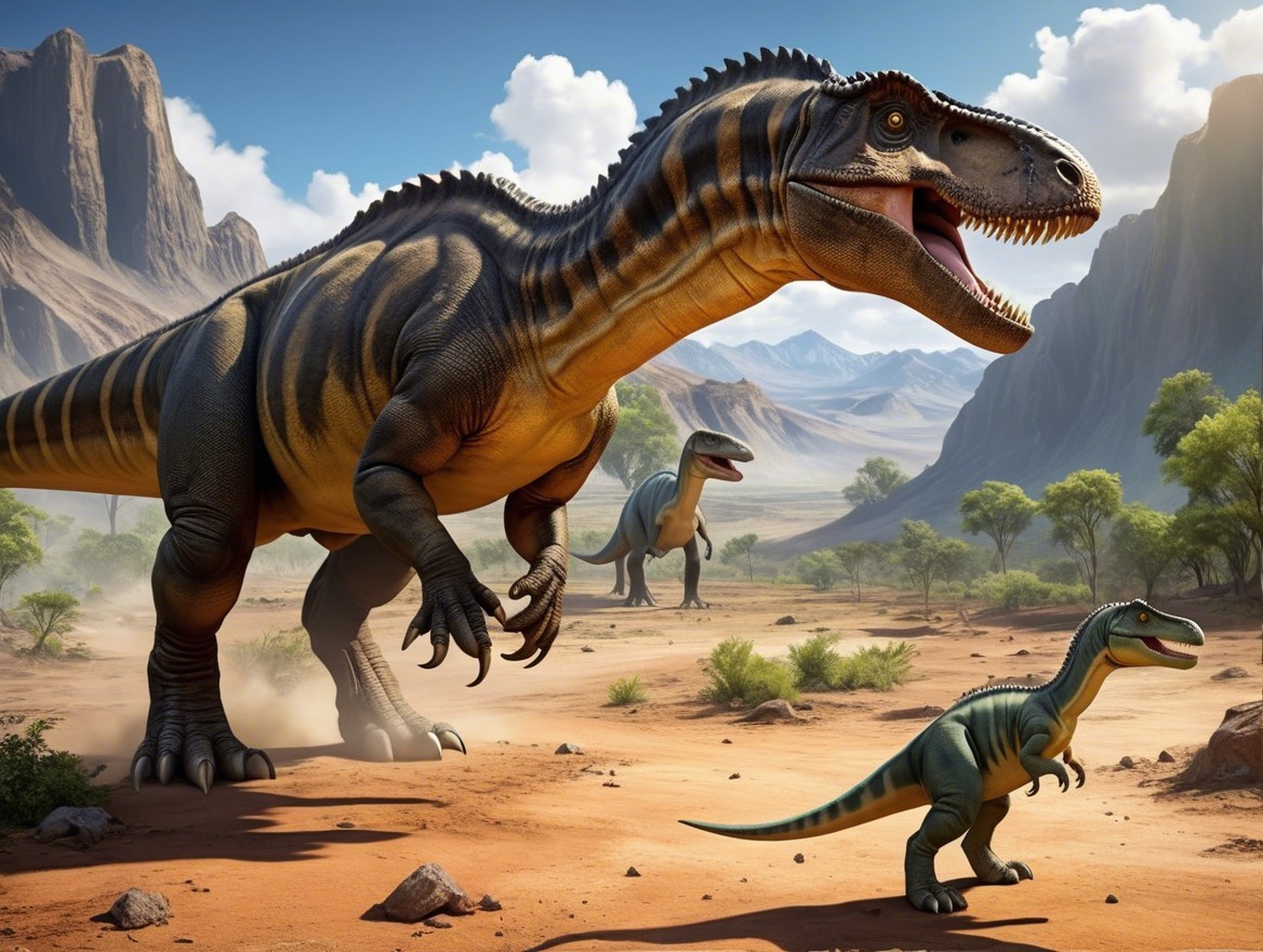Prehistoric Dinosaurs in Rugged Landscape Scene
