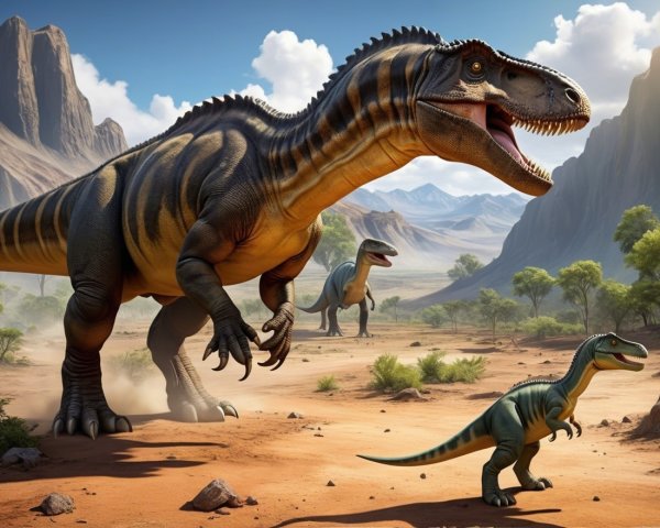 Prehistoric Dinosaurs in Rugged Landscape Scene