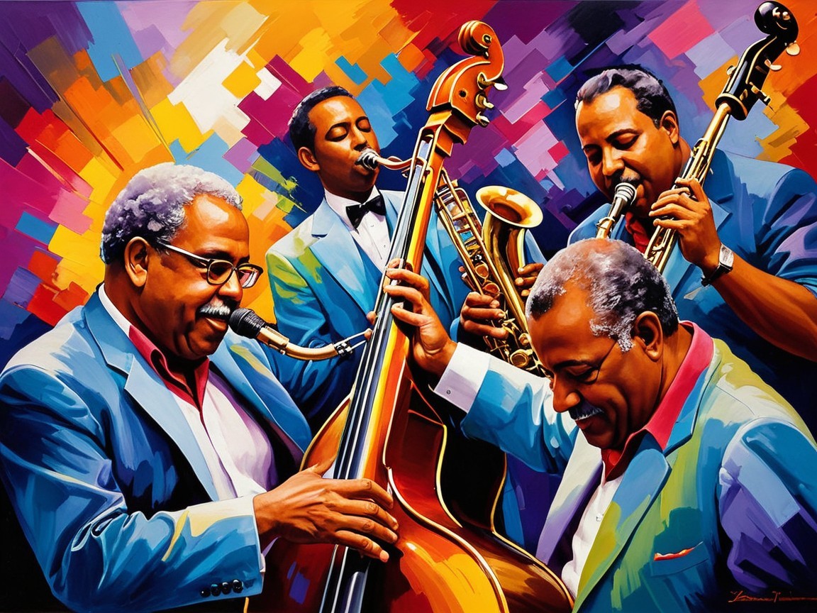 Vibrant Pop Art Jazz Quartet Digital Painting Description
