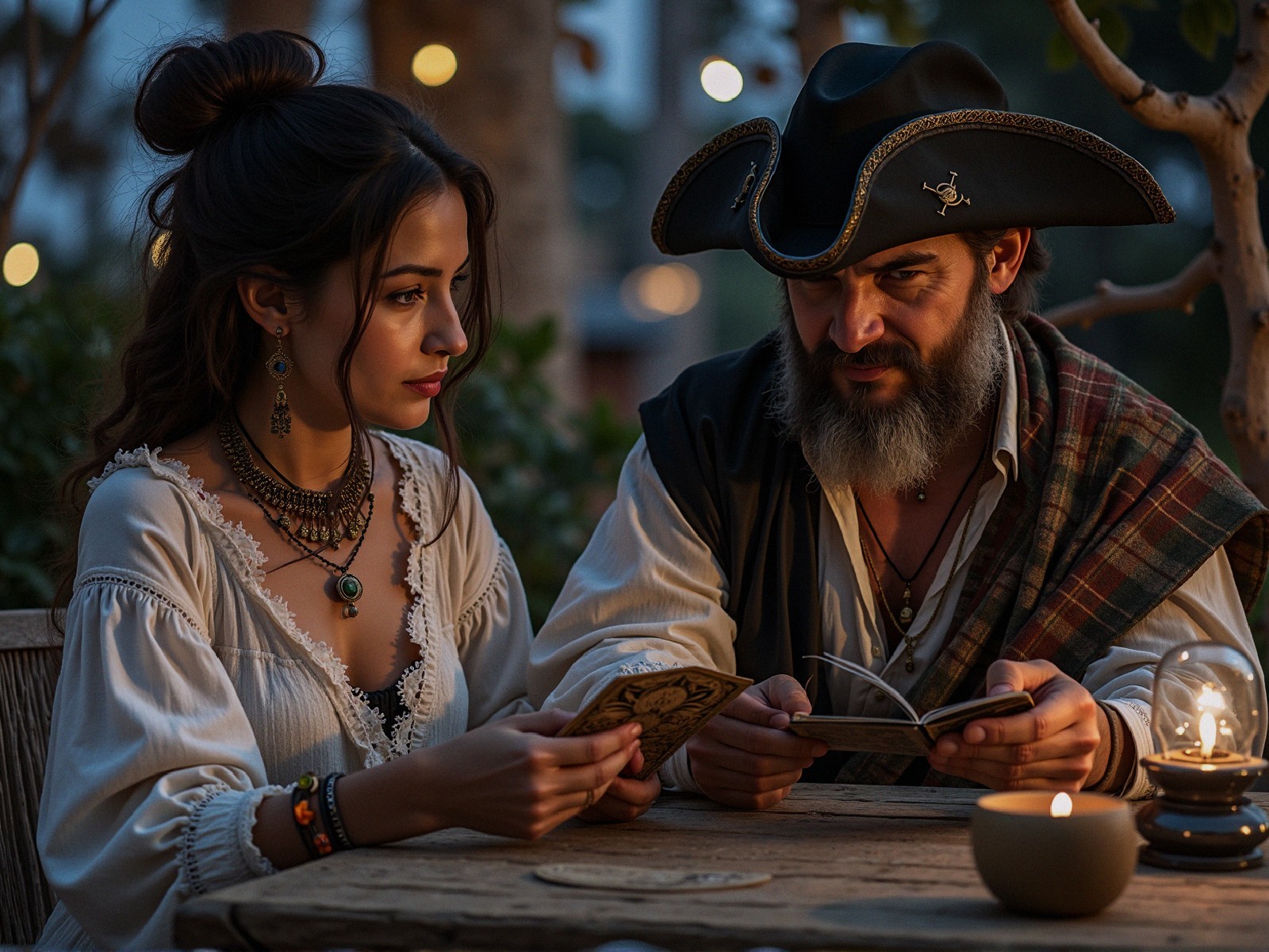 Woman in Vintage Blouse with Bearded Pirate by Candlelight