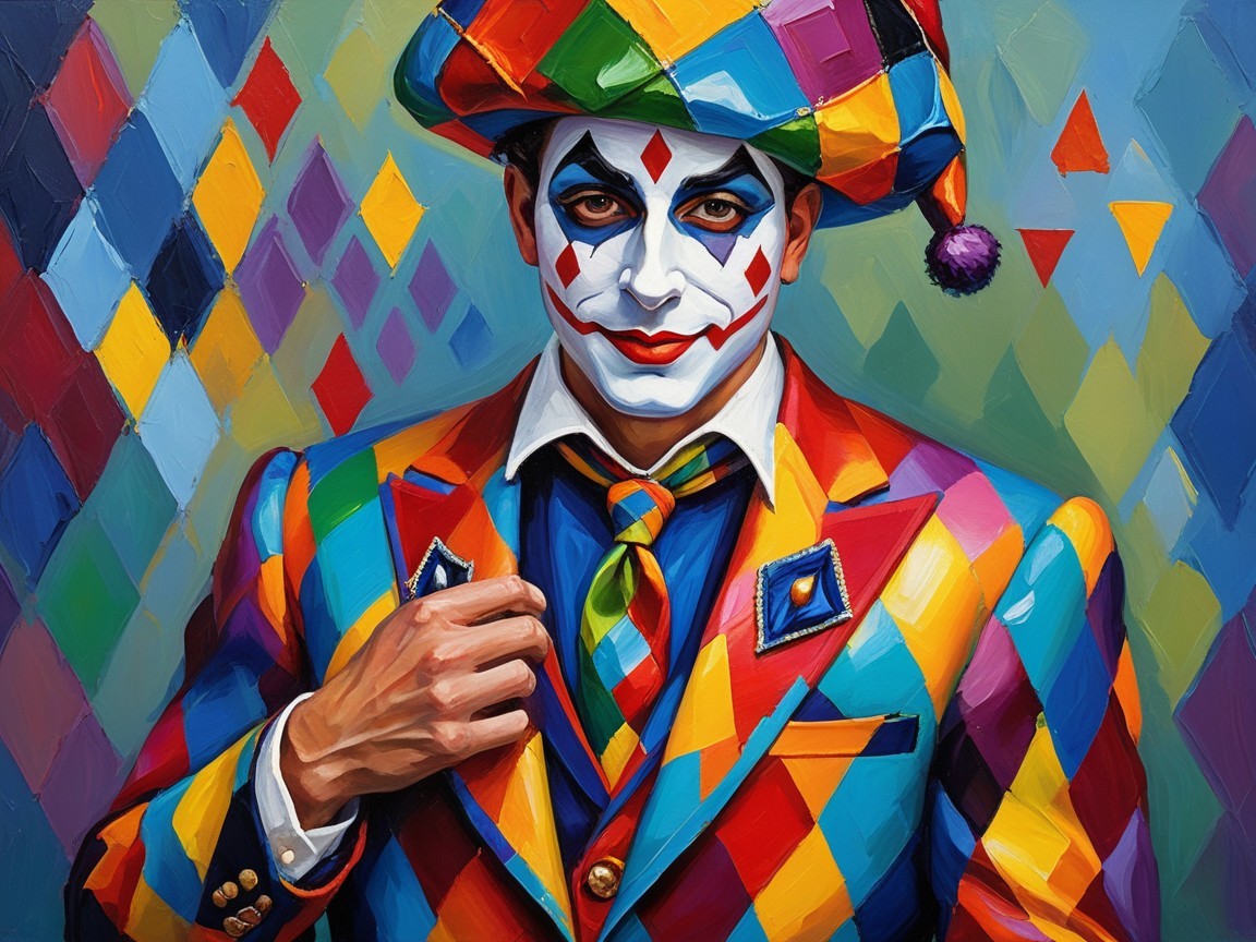 Vibrant Jester Portrait with Colorful Diamond Suit