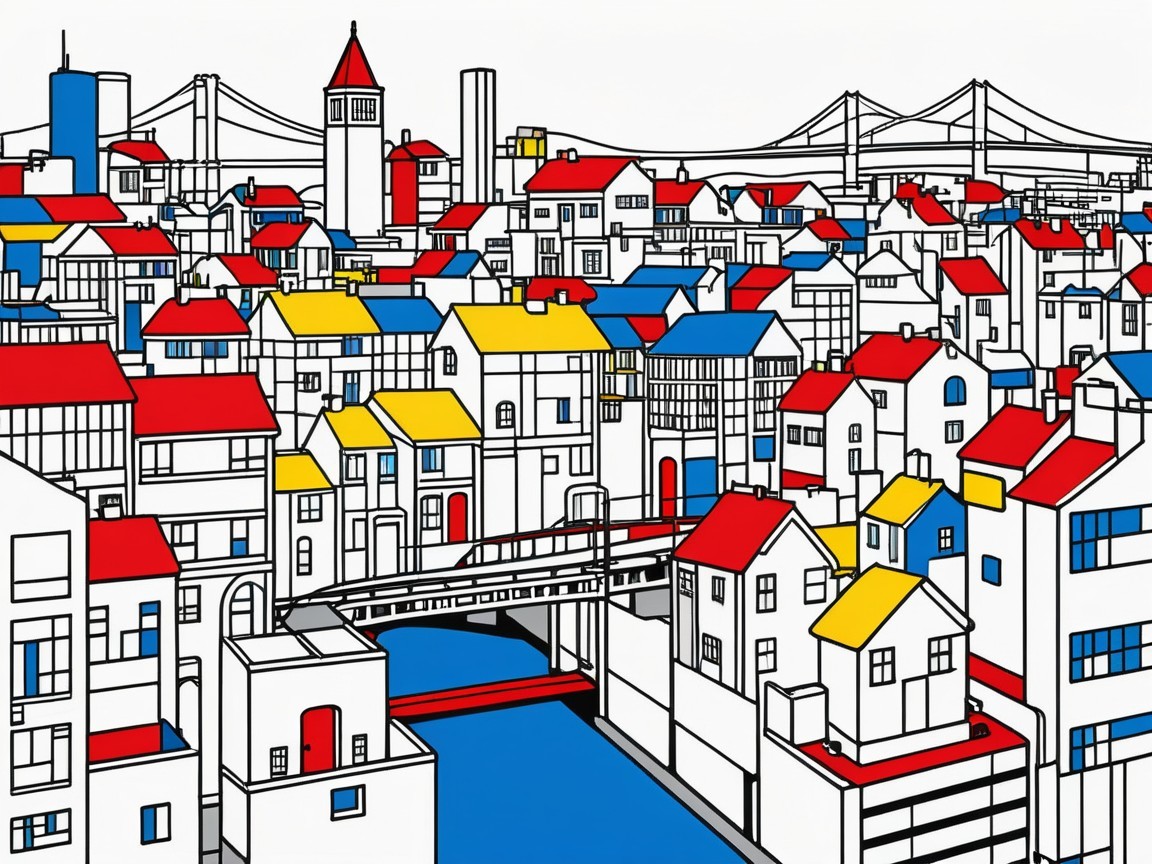 Colorful Hand-Drawn Urban Landscape with Canal and Bridge