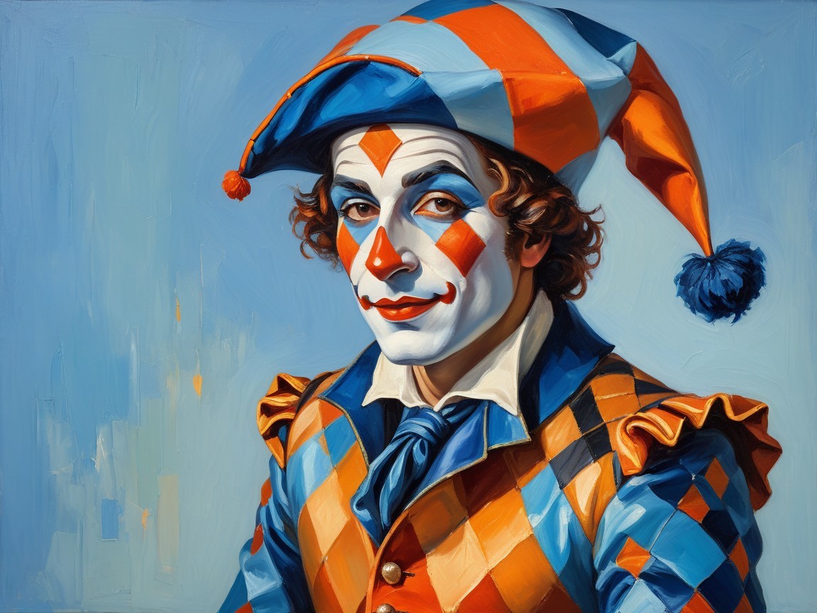 Vibrant Clown Portrait with Harlequin Outfit and Hat