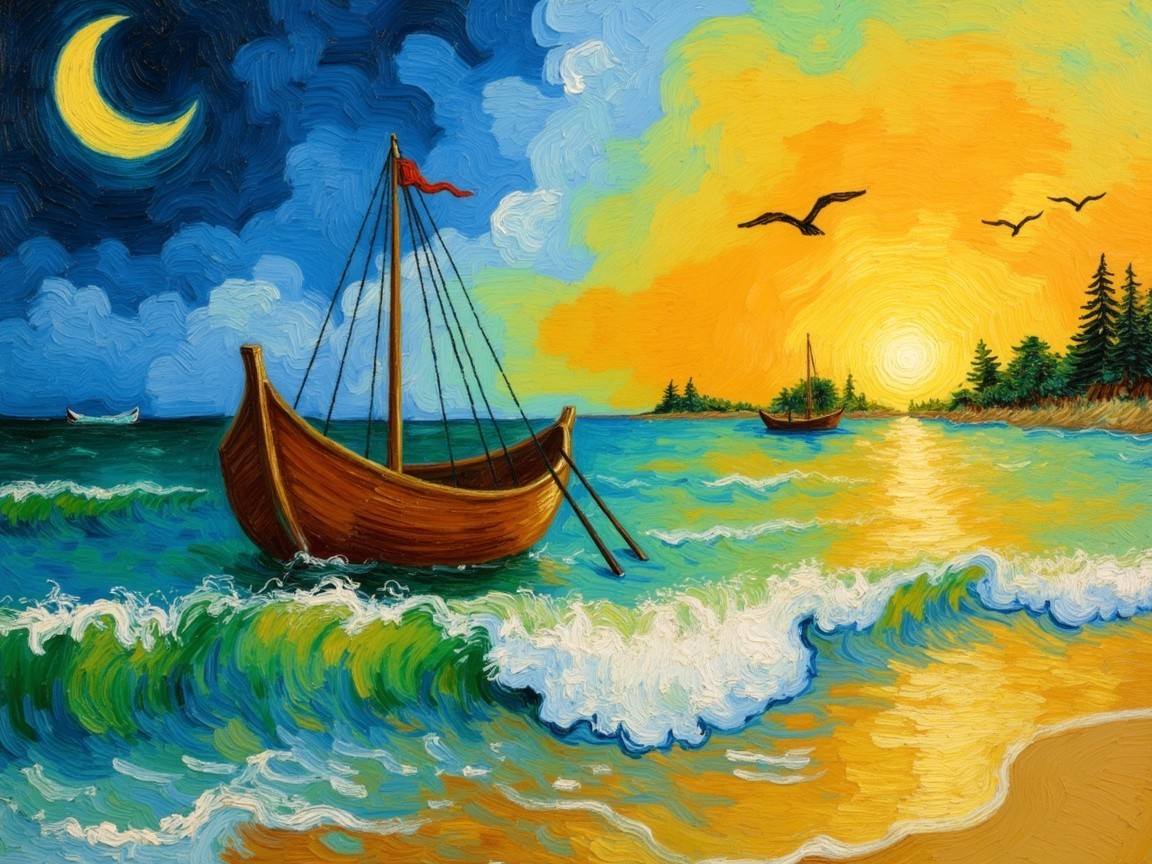 Vibrant Seascape with Boat, Sunset, and Moon