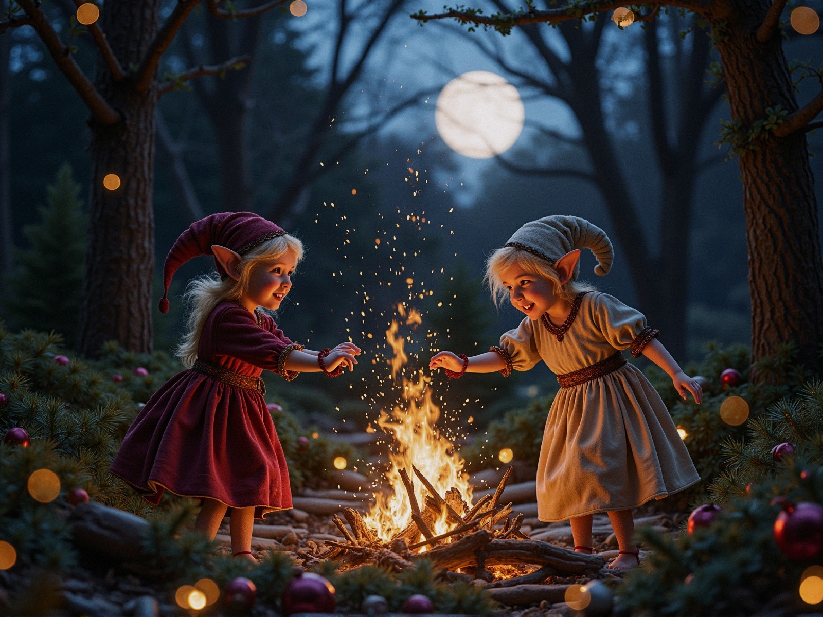 Young elves by a campfire in a serene forest at night