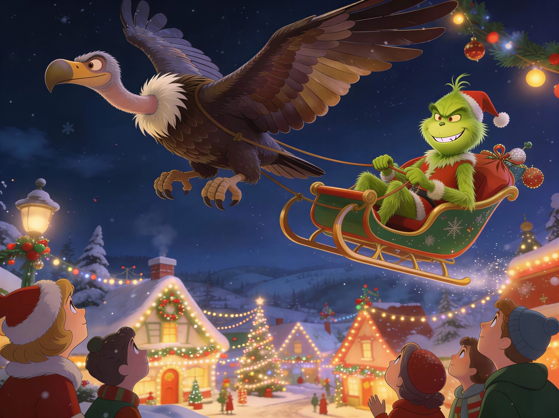 Grinch in Santa Suit Riding Sleigh Over Snowy Village
