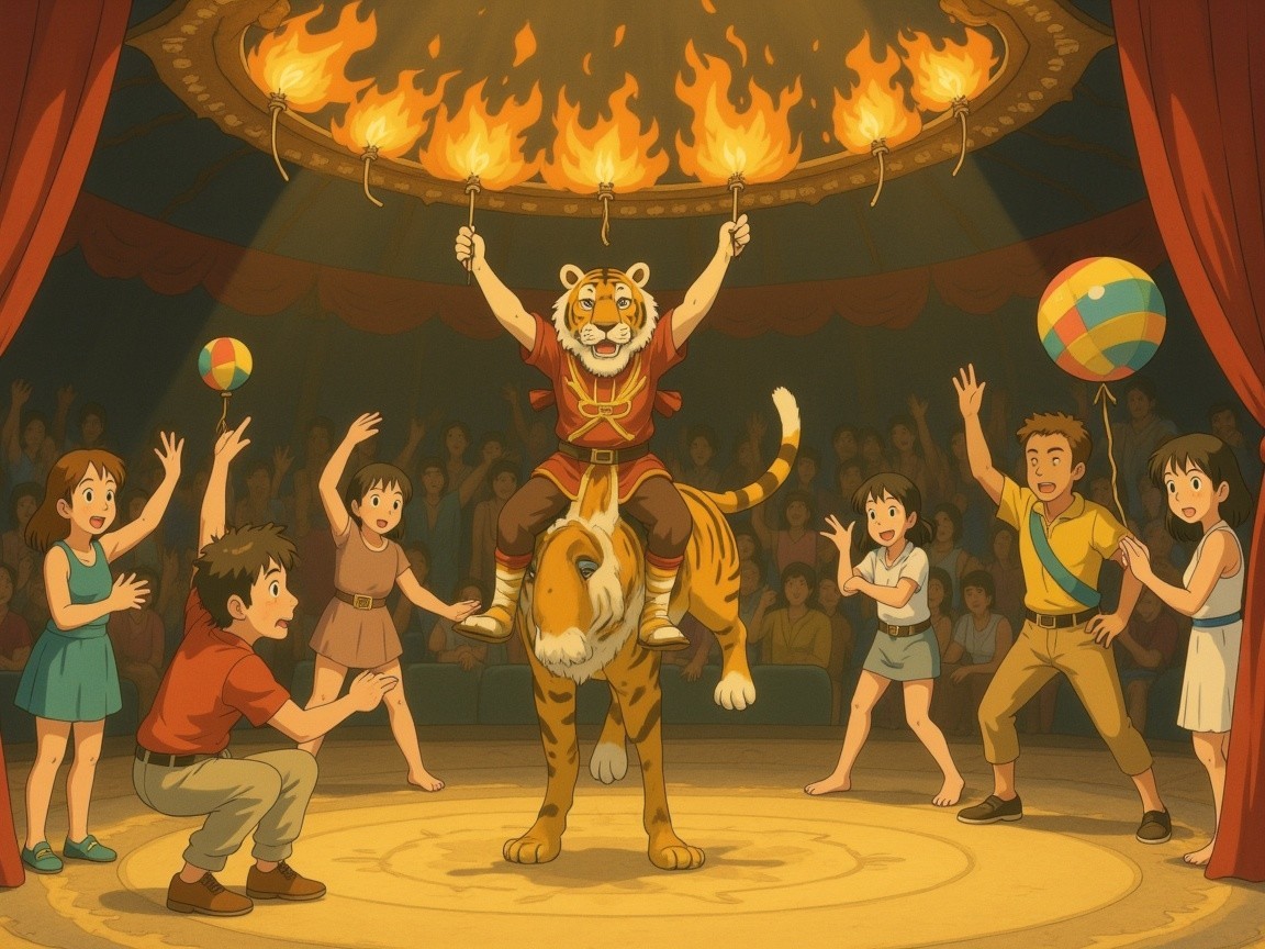 Circus Scene with Cheerful Tiger and Audience Excitement