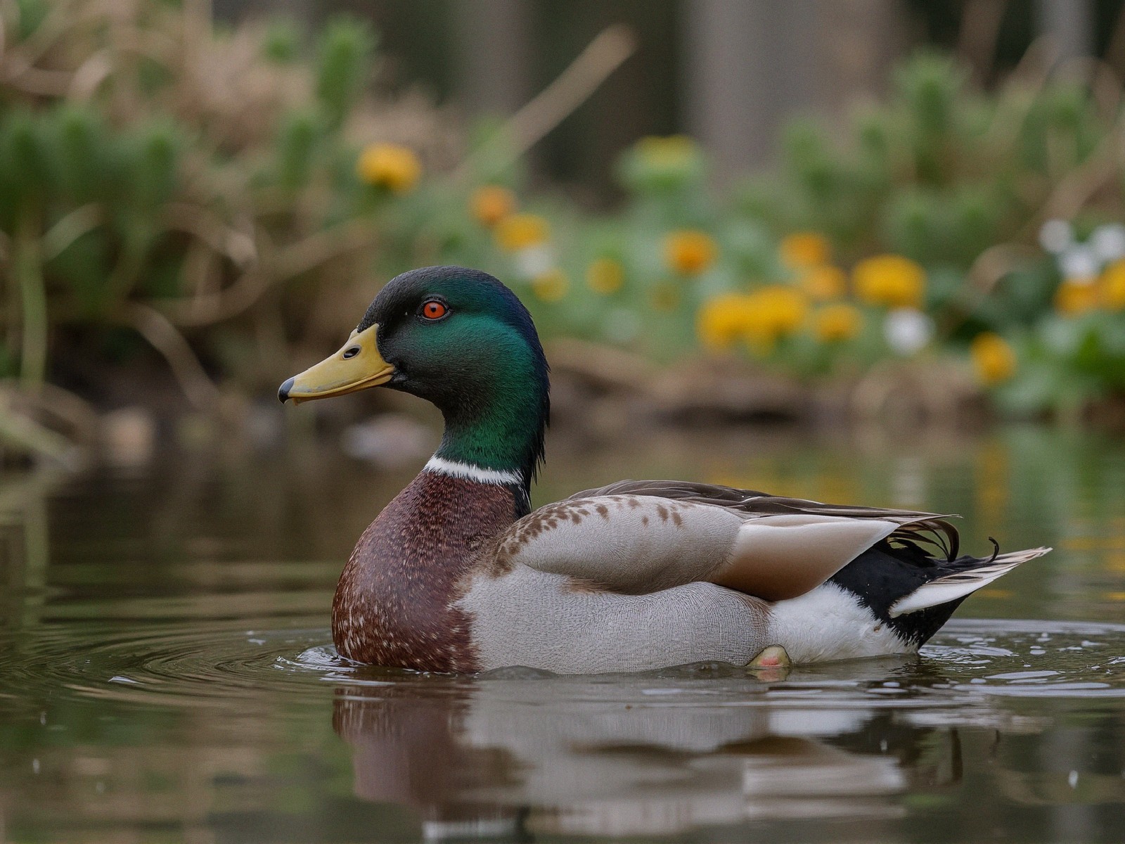 Male Mallard Duck on Serene Pond with Flowers