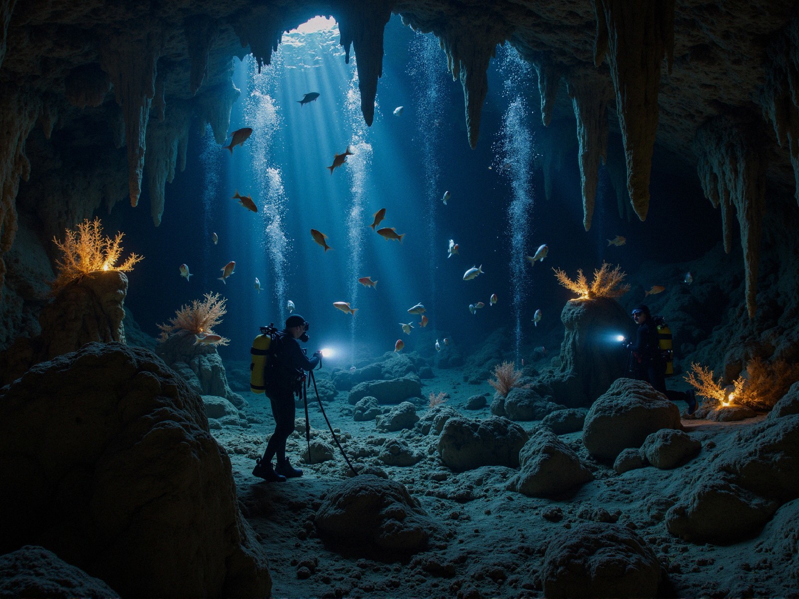Underwater Grotto with Divers and Colorful Marine Life