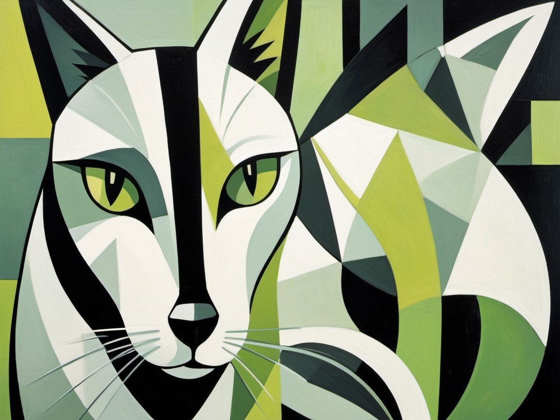 Stylized Artwork of Two Geometric Cats in Green Tones