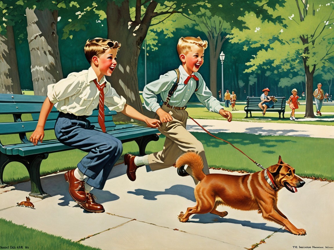 Vibrant Park Scene with Boys and Playful Dog