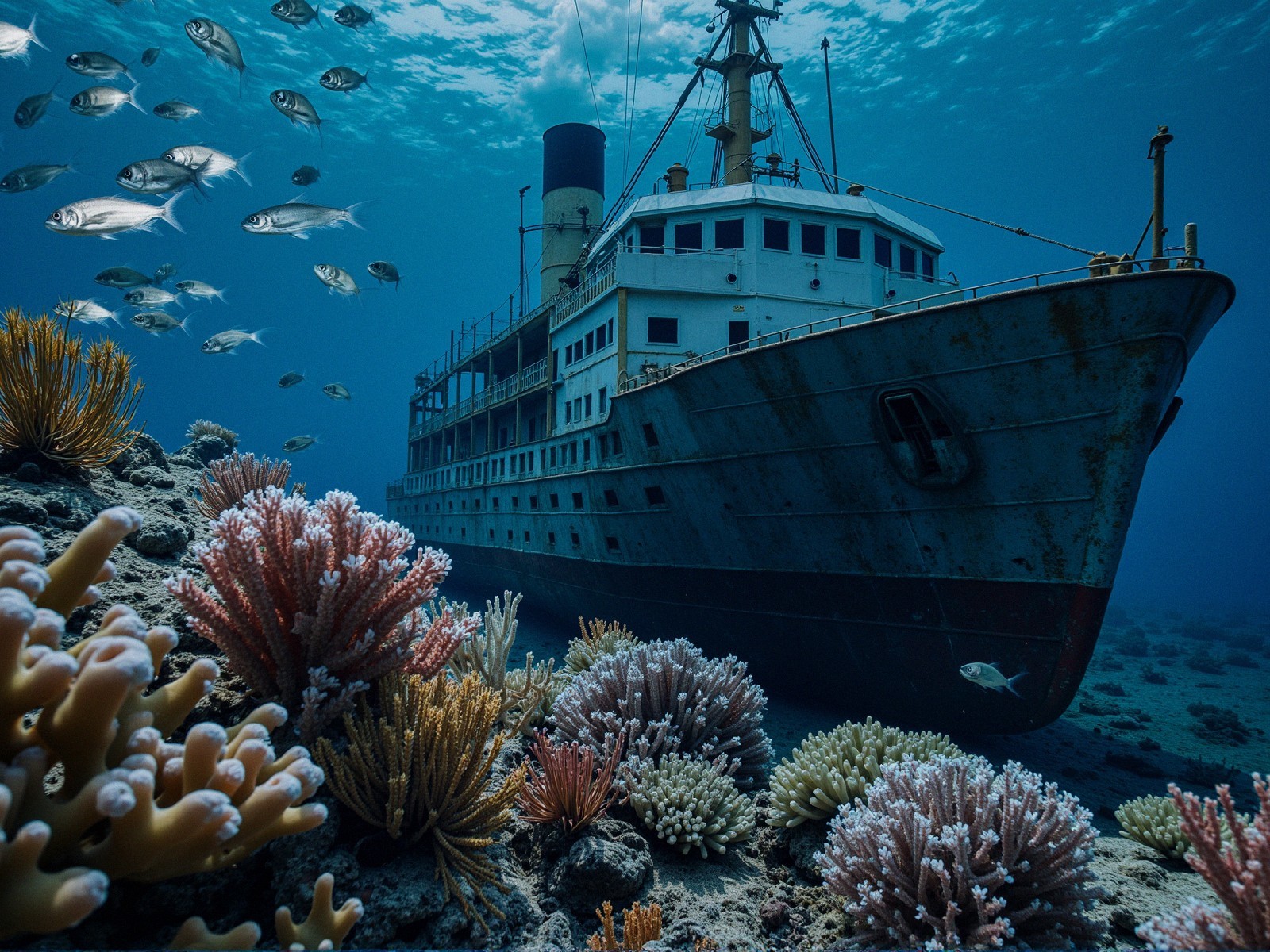 Old shipwreck surrounded by coral reefs and marine life