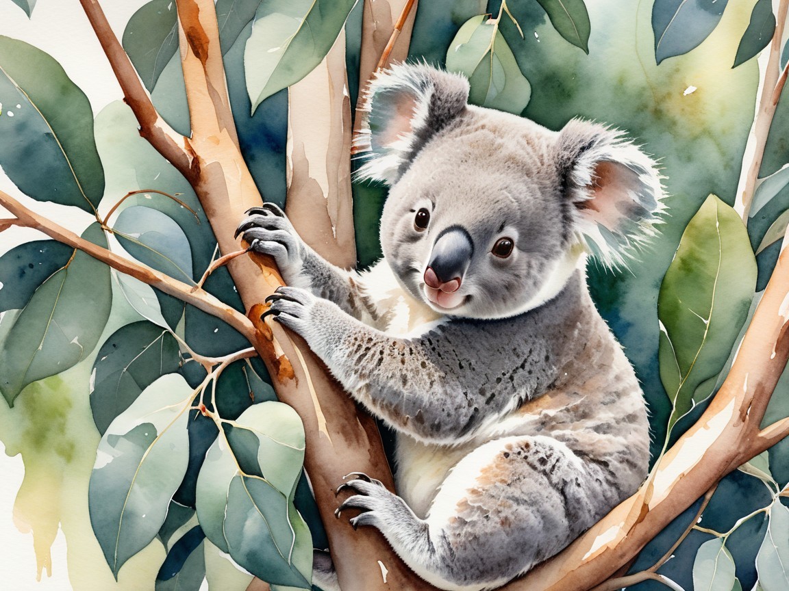 Koala on Branch Surrounded by Eucalyptus Leaves