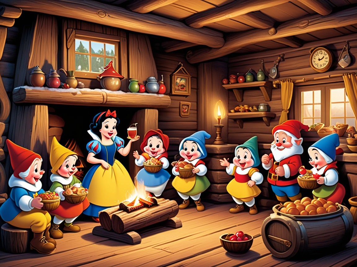 Snow White and Dwarfs Gather in Cozy Cabin Scene