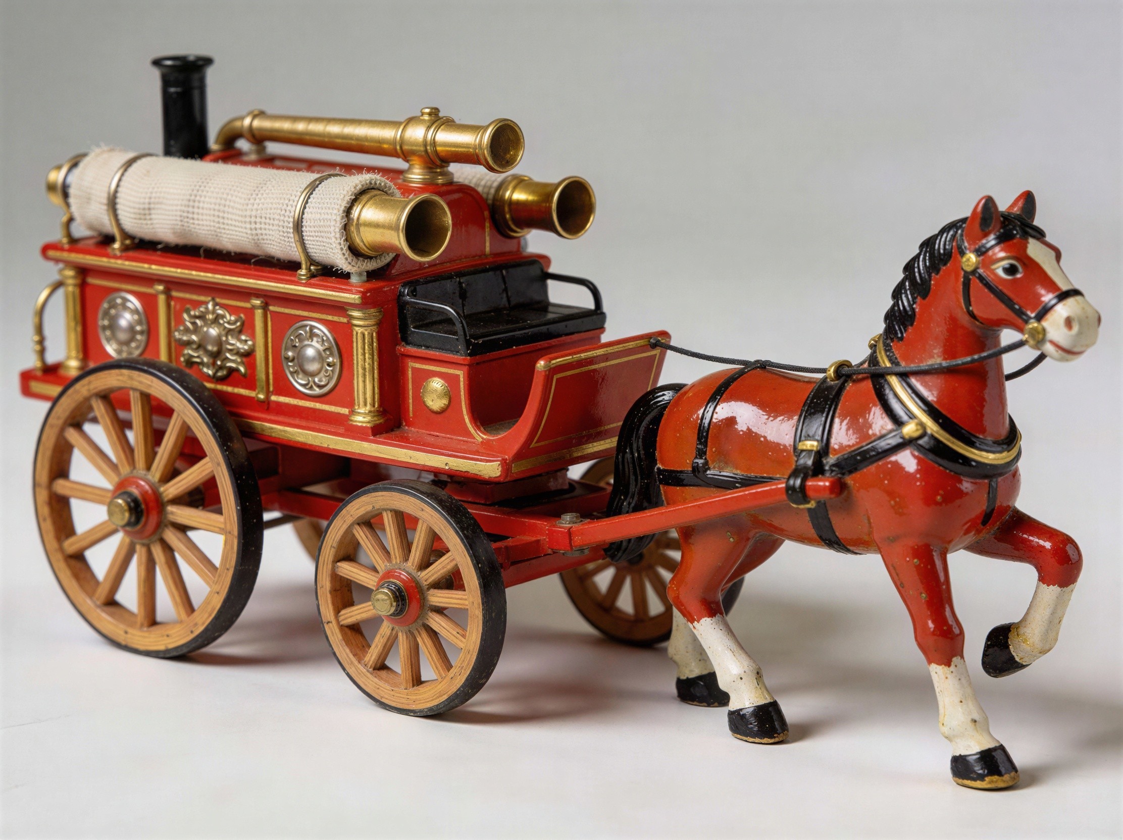 Close-up of a red fire engine toy with horse detail