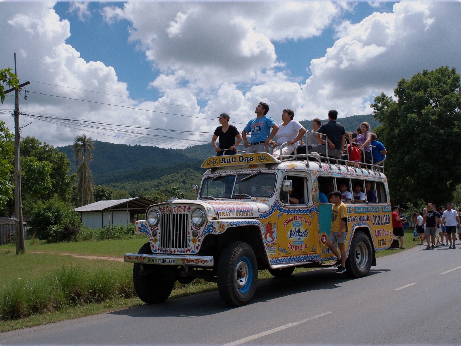 Colorful Bus Journey Through Scenic Rural Landscape