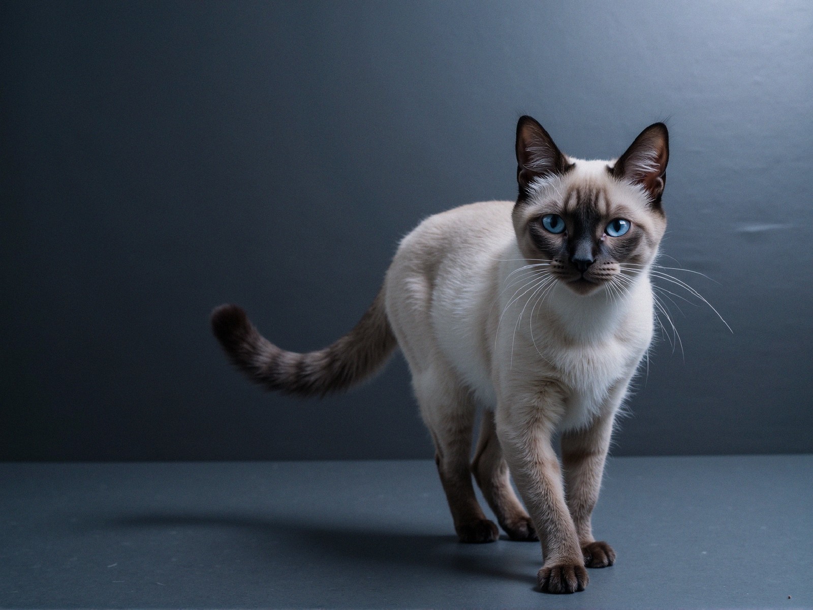 Siamese Cat with Blue Eyes on Gray Surface