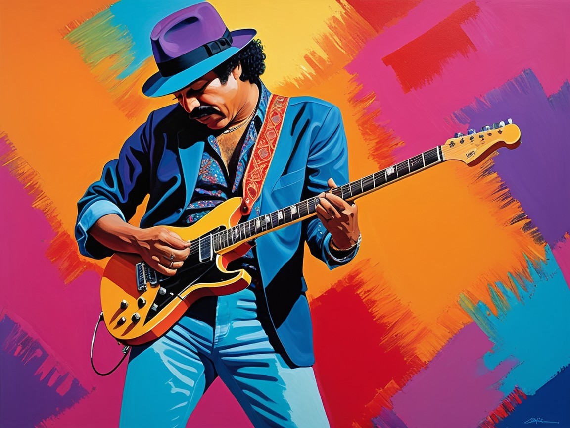 Colorful painting of a guitarist with electric guitar