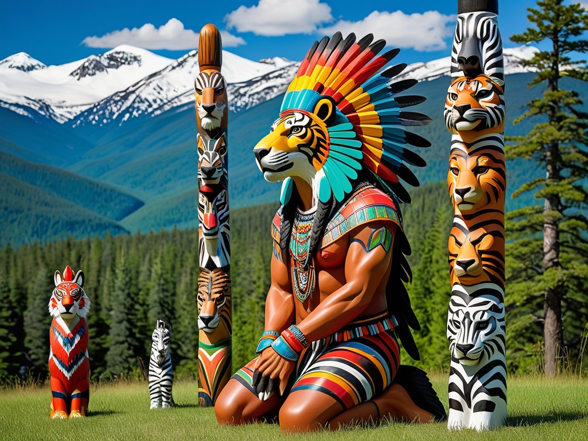 Kneeling Tribal Warrior Statue with Totem Poles and Nature