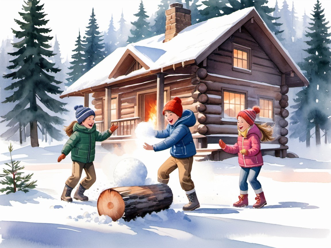 Children Building a Snowman in Winter Landscape