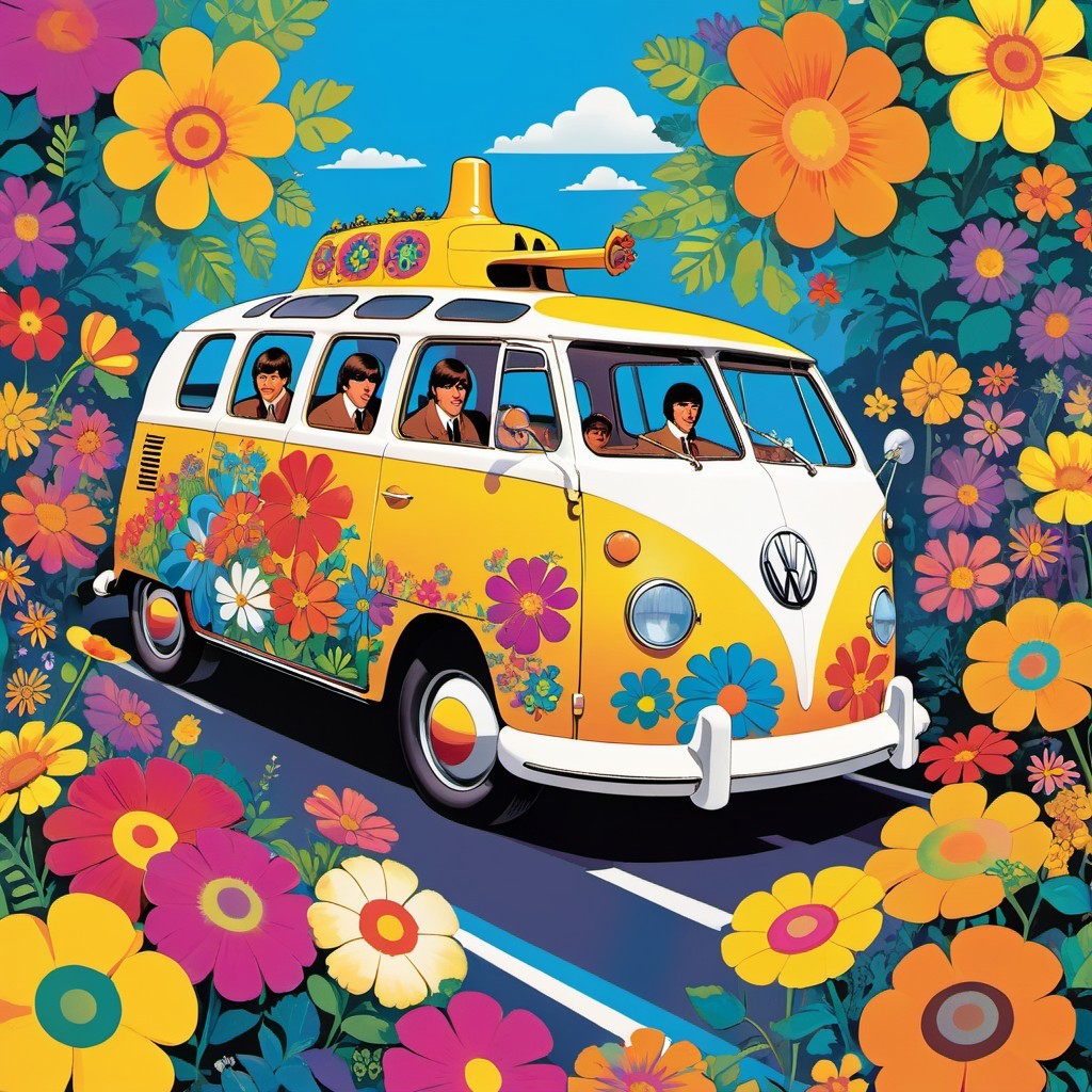 Colorful Volkswagen Van Driving on Cheerful Road