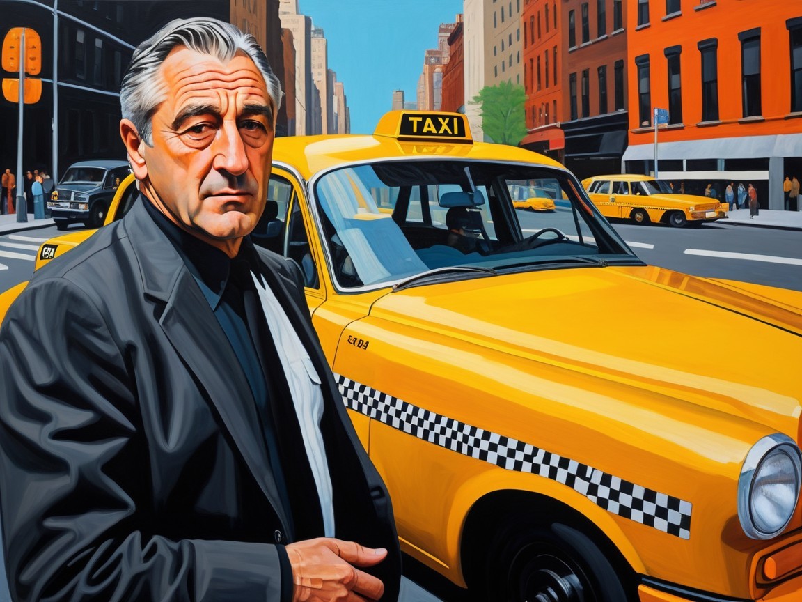 Middle-aged man in black jacket by yellow taxi