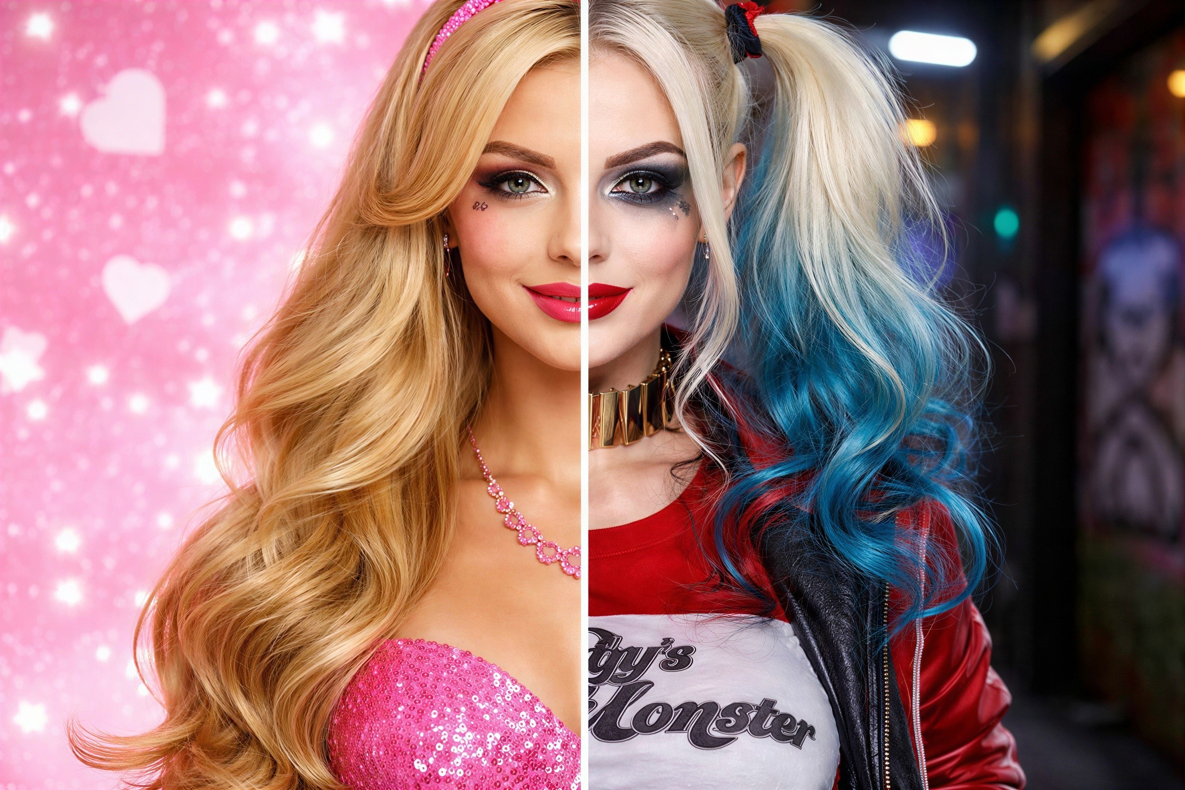 Split Portrait of Woman as Barbie and Harley Quinn