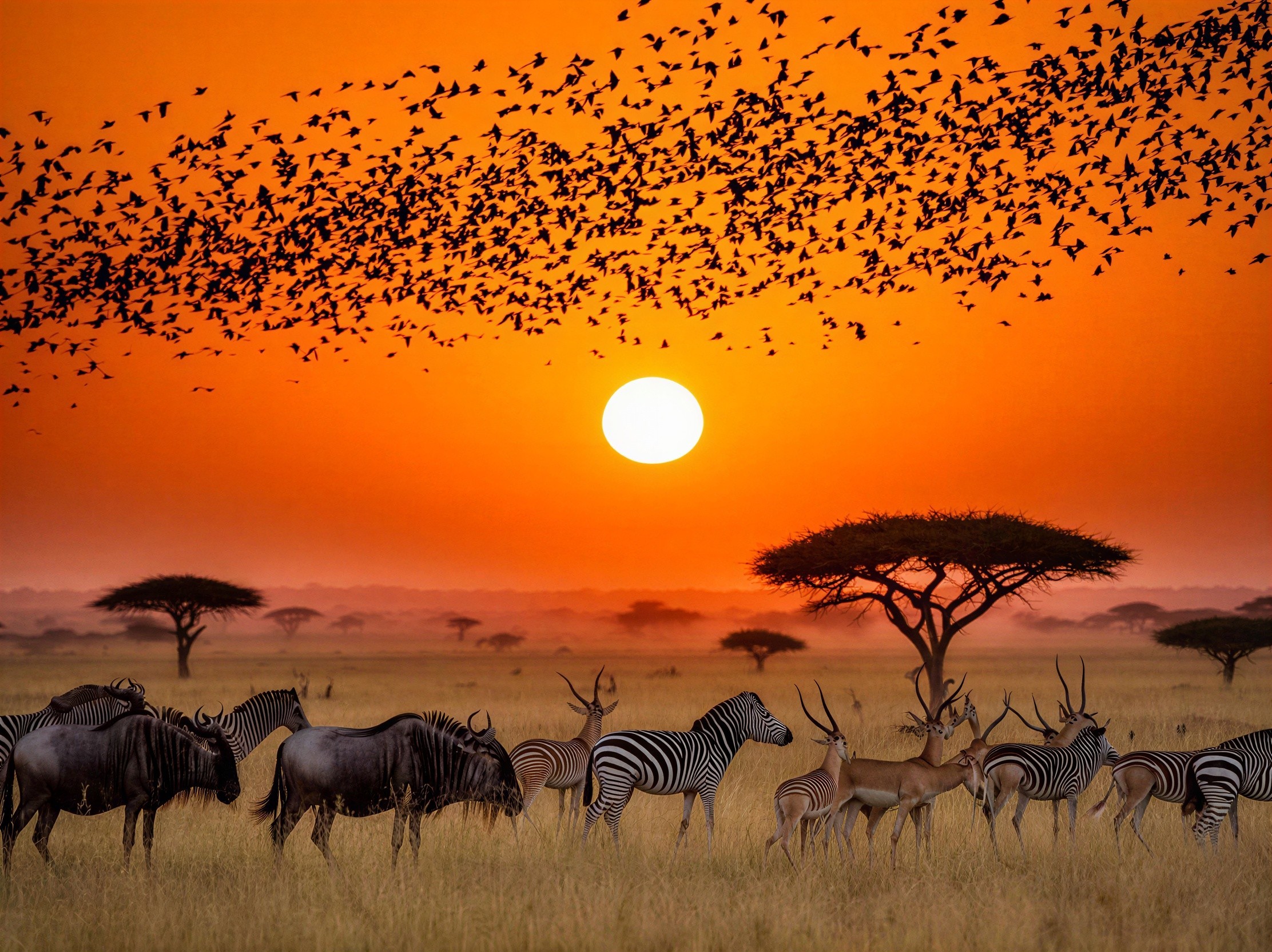 African Savanna Sunset with Wildlife and Acacia Trees