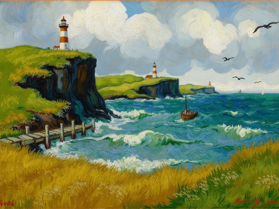 Coastal Landscape with Cliffs, Lighthouses, and Waves