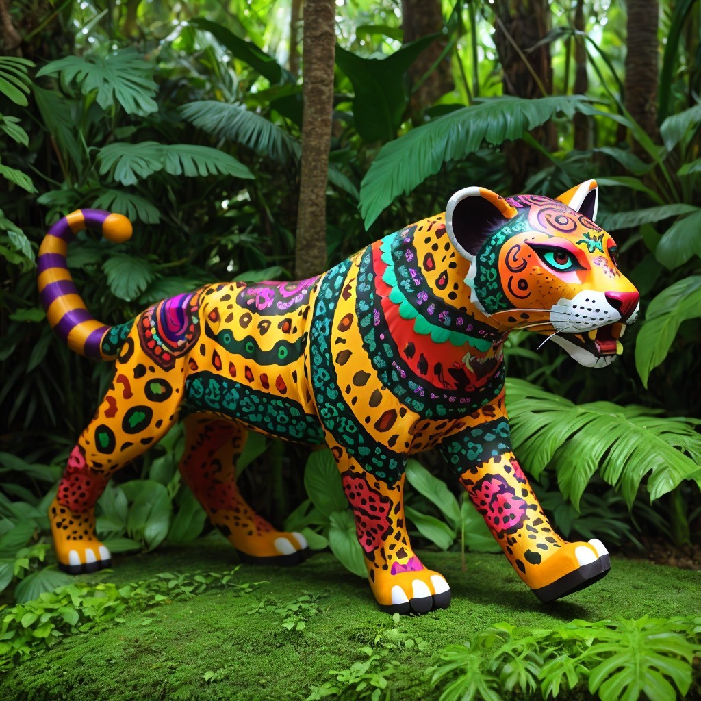 Vibrant Stylized Leopard Sculpture in Green Foliage