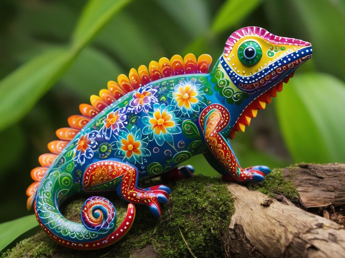 Vibrant Chameleon with Floral Patterns on Log