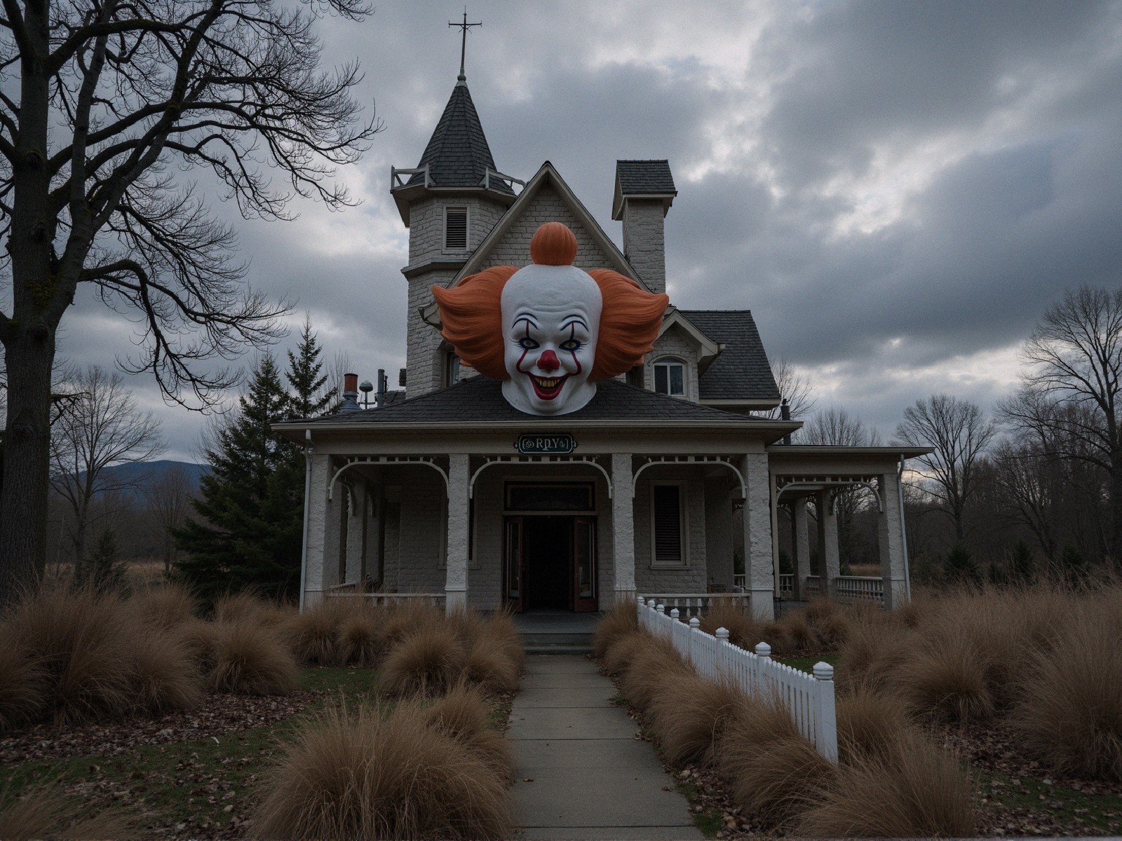Whimsical Clown Head on Victorian House Facade