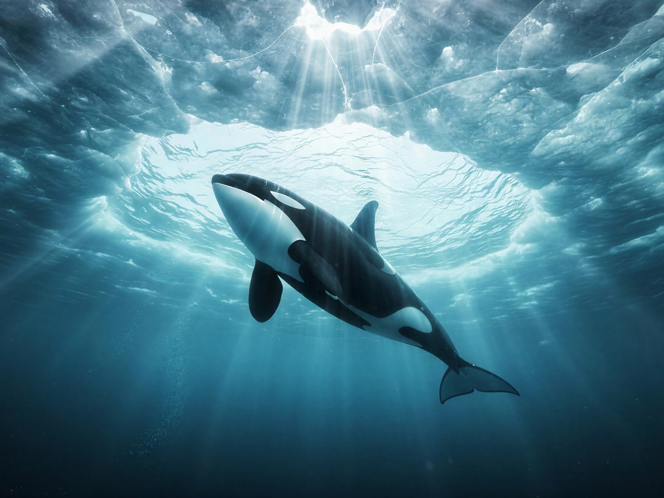 Orca Killer Whale Underwater in Sunlit Blue Water