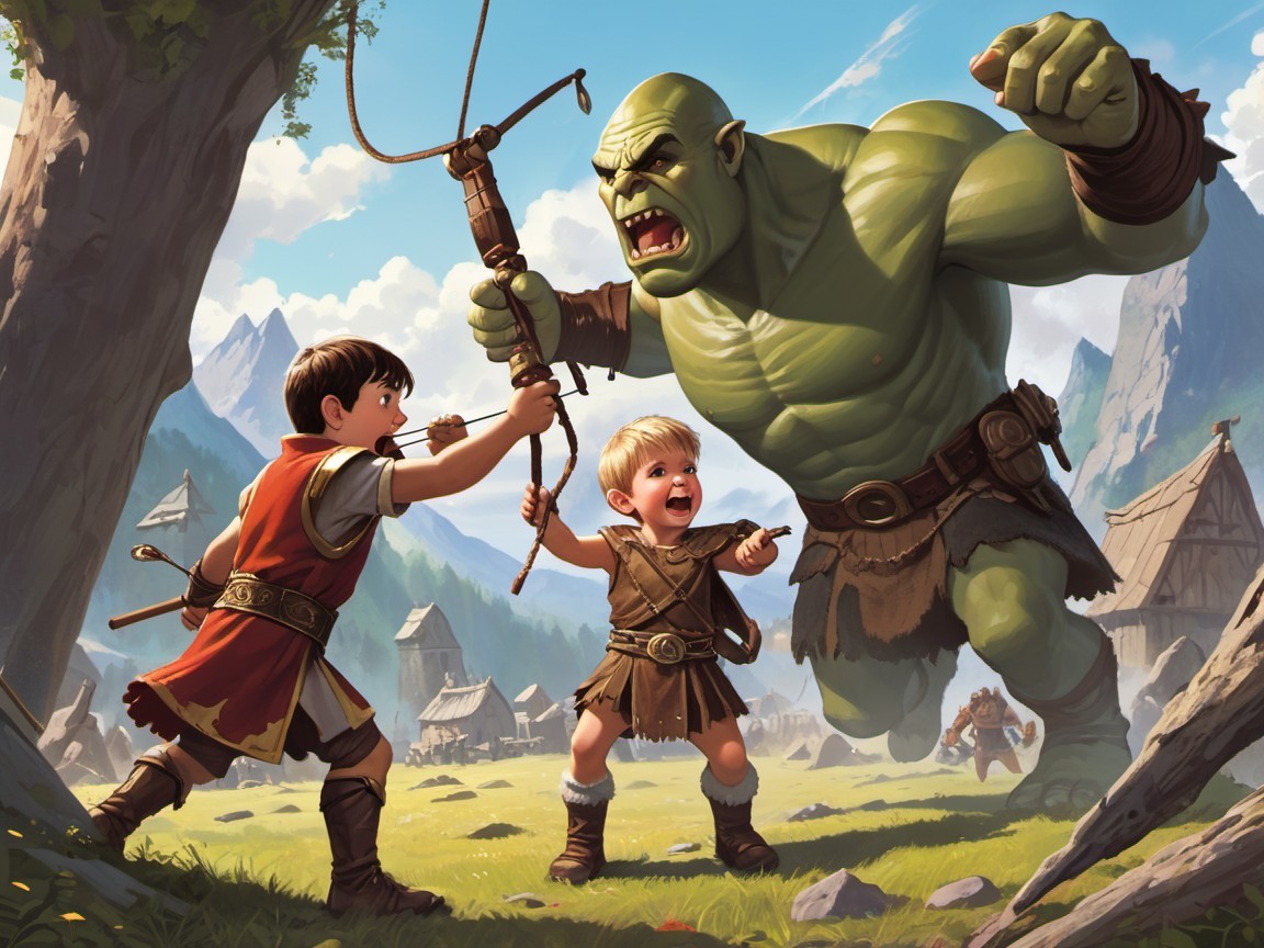 Boys in Medieval Attire Confronting a Green Ogre