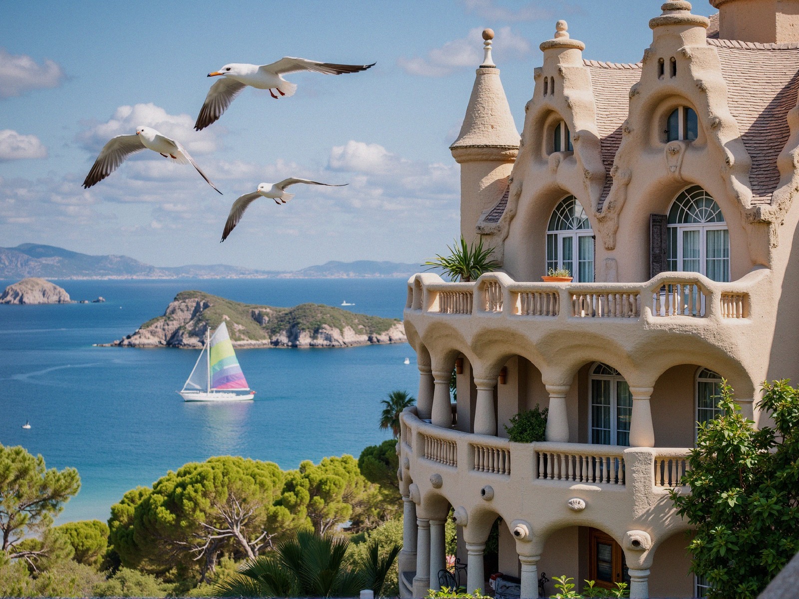 Coastal Scene with Ornate Building and Sailboats