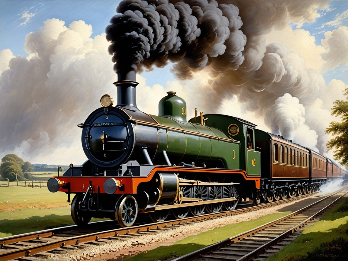 Vintage steam locomotive on countryside track with smoke